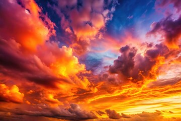 Fototapeta premium Vibrant evening sky, golden hour light paints breathtaking cloud formations, creating a stunning sunset gradient backdrop.
