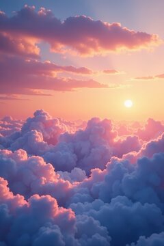 Softly rolling clouds in a serene sunset backdrop, serene, soft, peaceful