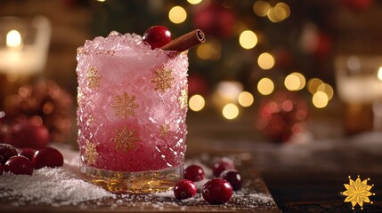 Festive Cranberry Cocktail with Cinnamon Stick and Snowflake Garnish on Snowy Wooden Surface with Christmas Lights Bokeh Background