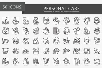 Personal care black outline icons set, contain lotion, comb, soap, skincare, makeup, barber, manicure and more. For print, digital concept, UI, UX kit, web and app. vector EPS 10 for treatment, beauty