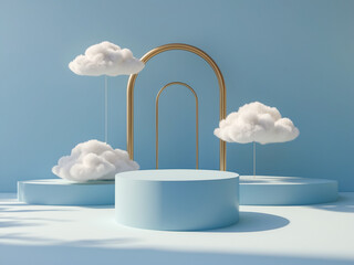 Elegant minimalist setup with blue podiums, floating fluffy clouds, and gold arches against a soft blue background.