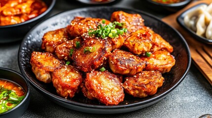 Fototapeta premium Spicy Kimchi Pork Dumplings Served on a Black Plate with Garnish