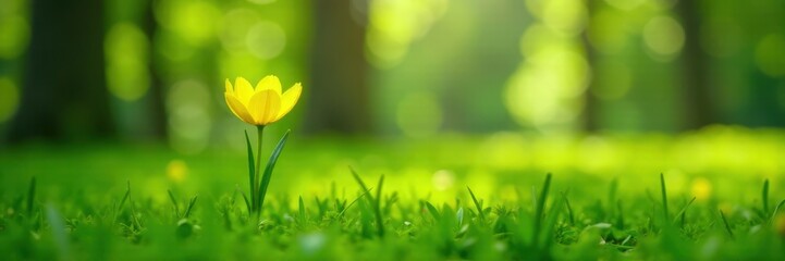 Obraz premium Solitary yellow bloom on emerald green grass with gentle spring light filtering through trees, green, sunlight