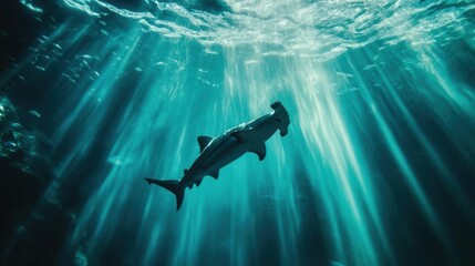 Obraz premium majestic hammerhead shark gliding through crystal-clear turquoise waters, rays of sunlight filtering through, creating ethereal patterns, schools of fish scattered below