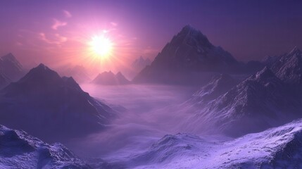 Fototapeta premium majestic mountain vista at sunrise, layered misty peaks extending to horizon, ethereal morning light casting purple-blue shadows, pristine wilderness captured in hyperrealistic detail