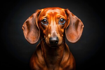 Sad Red Dachshund Dog Portrait, Black Background, Pet Photography, Canine Emotion, Dog Breed,  Isolated Dog Image, Front View,  Red Dachshund,  Emotional Dog