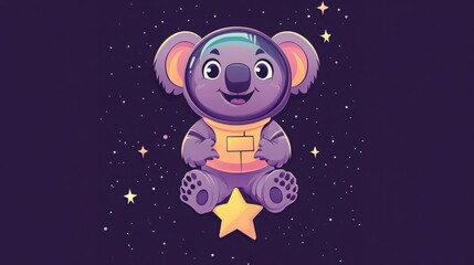 Adorable koala astronaut floats through space, stars twinkling around it.