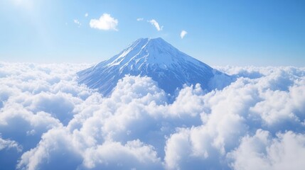 majestic snow-capped mountain peak emerging through clouds, dramatic lighting, ethereal atmosphere, photorealistic detail, pristine white snow against deep blue sky