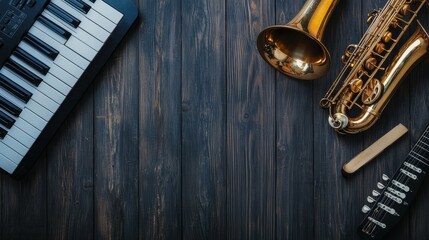 Obraz premium Musical instruments arranged on a wooden surface