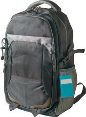 large dark colored backpack with several pockets and straps and blank tag isolated white...