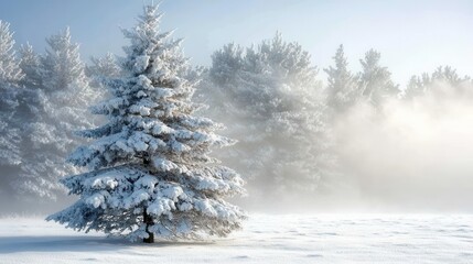 Fototapeta premium majestic snow-covered pine tree standing solitary in pristine white meadow, morning mist creating ethereal atmosphere, winter wonderland scene