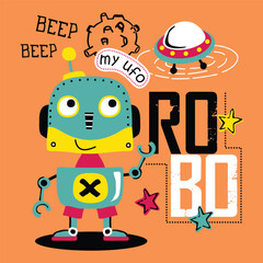 Cartoon robot with a UFO and stars on an orange background featuring playful design elements and futuristic vibes. Fun sci-fi and technology concept
