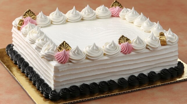 Elegant Rectangular Cake with White and Pink Frosting and Gold Accents