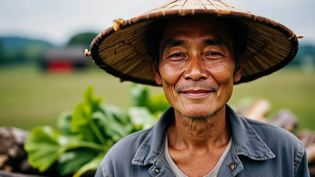 smiling chinese farmer in traditional hat