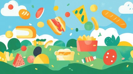 Fototapeta premium A vibrant illustration of a picnic in the park with various food items floating in the air.