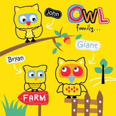 Cartoon owl family perched on a branch near a farm sign with playful names on a yellow background. Cheerful animal family design concept
