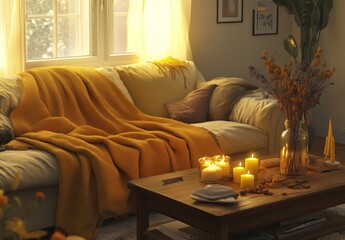Cozy living room with warm sunlight, candles, and autumnal decor on a coffee table.