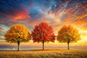 Obraz premium Serene Autumnal Trio Three vibrant trees ablaze with fall colors against a breathtaking sunset sky, a picturesque landscape of nature's artistry.