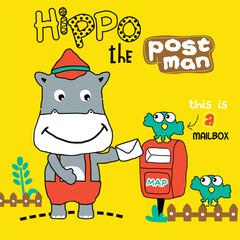 Cartoon hippo dressed as a postman delivering a letter to a mailbox with two birds on a yellow background. Postal service and cheerful design concept
