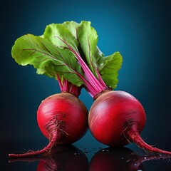 Two beets with green leaves on top