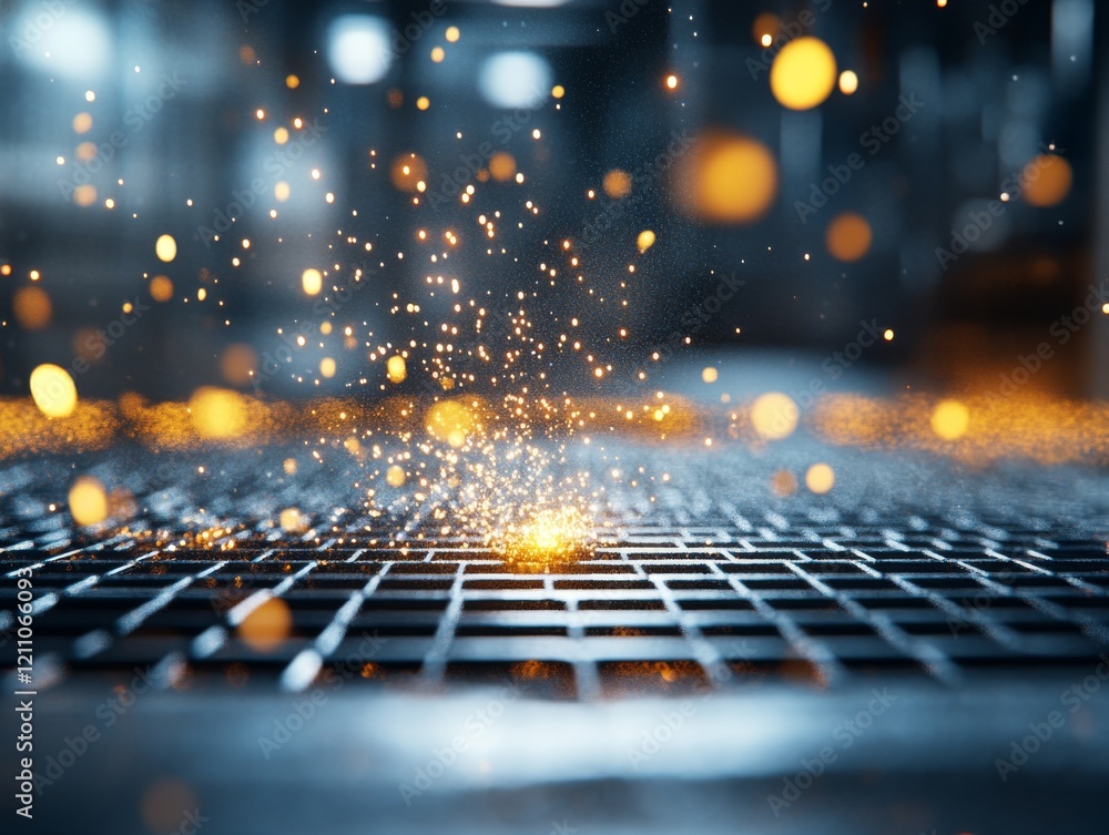 Poster sparks and particles illuminate a metallic surface during intense industrial activity in a workshop 