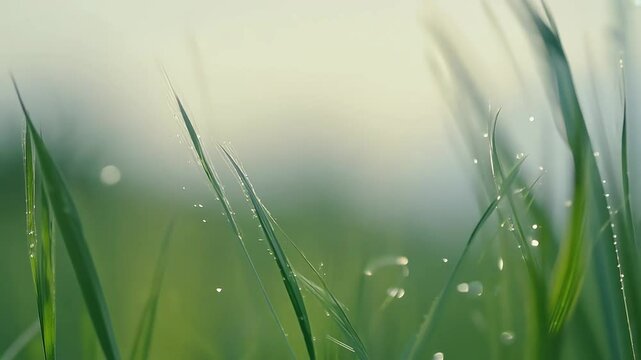 dreamy slow motion close up of bright green grass swaying gently captured with a soft focus bokeh effect for a beautifully blurred natural background