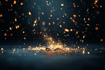 Bright sparks burst into the air during a striking metalwork process in a dimly lit workshop environment