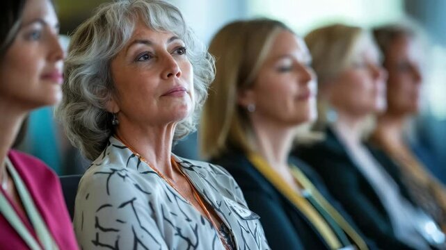Diverse group of women engaged in inspirational seminar listening intently