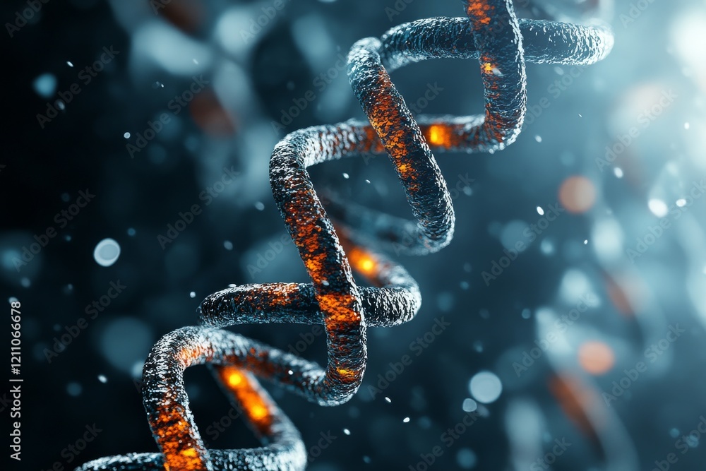 Poster complex structure of a dna helix illuminated by intricate light effects in a dark environment