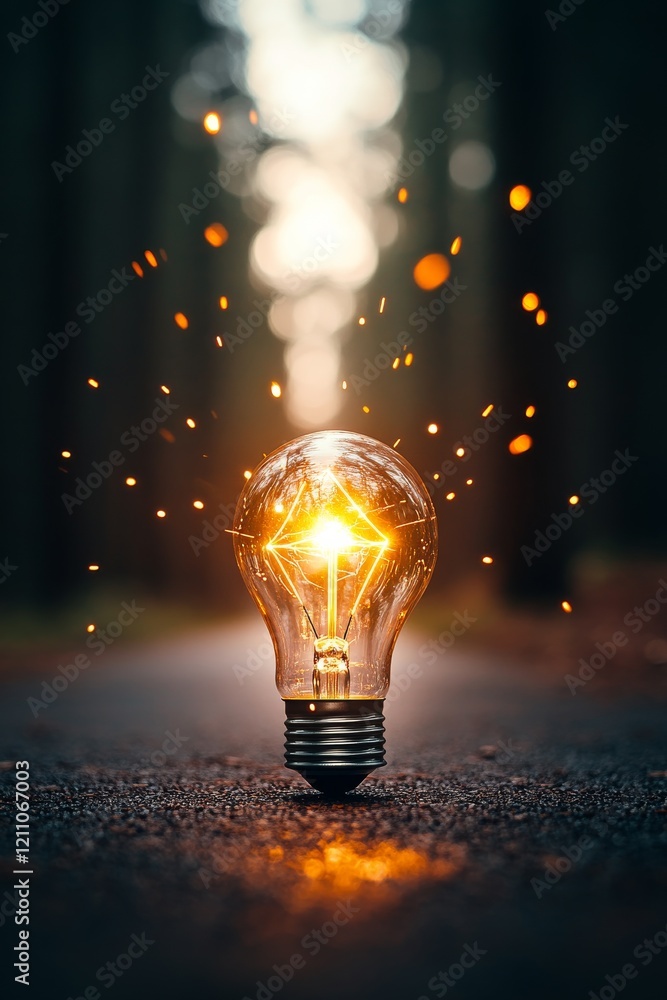Poster light bulb illuminated with sparks on a pathway in a dense forest during twilight
