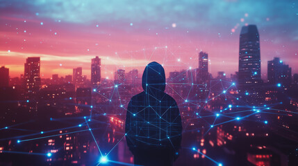 Hacker are planning to hack and attack networks and cyber security systems.Smart digital city with connection Innovation network reciprocity over the cityscape