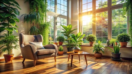 Fototapeta premium Sunlit Room: Hardwood Floor, Armchair, Plants, Large Window Photography