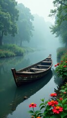 Obraz premium Weathered wooden boat half-submerged in murky water amidst lush greenery and blooming flowers, fog, tranquility