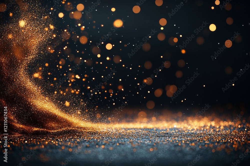Poster golden particles dancing elegantly in soft light creating a magical atmosphere in a darkened space
