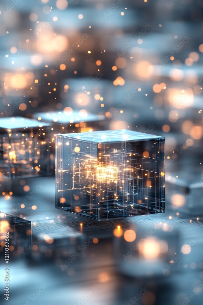 Poster digital cubes emit glowing lights in a tech-inspired abstract composition at dusk