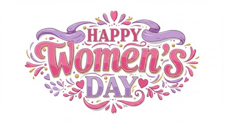 Happy Women s Day festive design pink purple lettering floral illustration greeting card