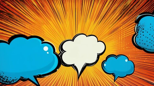 Dynamic comic burst with vibrant speech bubbles and radiant background animation