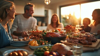 Joyful mixed group of friends celebrating Easter gathering around dining table filled with vibrant dishes, laughter and conversation shared during festive meal, warm sunset light illuminates scene.