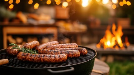 Grilled sausages sizzling on barbecue grill, aromatic herbs sprinkled, warm glow from string lights, outdoor cooking for festive Easter celebration, joyful gathering with family and friends.