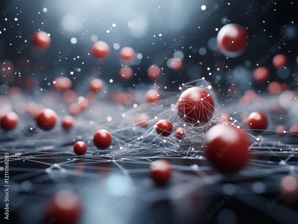 Poster red spheres floating in a network of lines against a dark background in a futuristic scientific conc