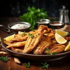 Fototapeta premium A plate of fried fish with lemon wedges and parsley