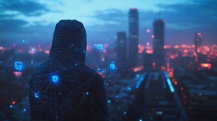 Hacker are planning to hack and attack networks and cyber security systems.Smart digital city with connection Innovation network reciprocity over the cityscape