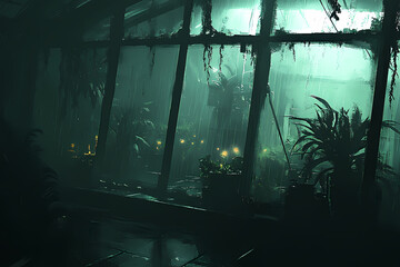 A glowing digital farmer cultivating bio-luminescent crops in a radiant eco-greenhouse