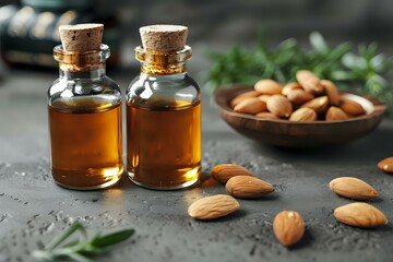 Natural almond oil in glass bottles with cork stoppers and fresh nuts on dark background, organic beauty and wellness product for skincare and aromatherapy.