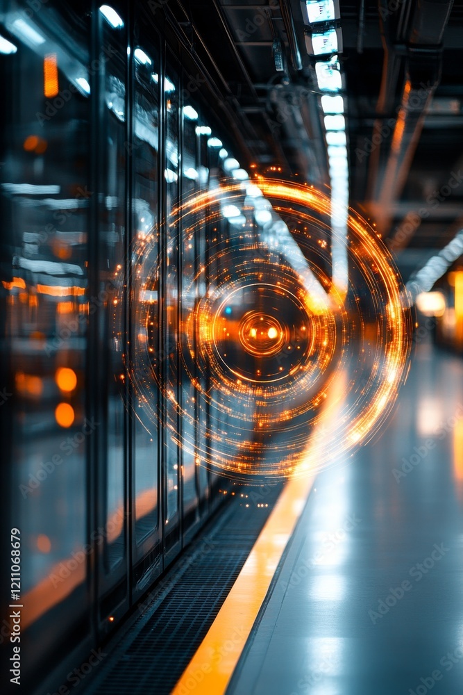 Poster modern urban transit station with futuristic design and glowing circular patterns during nighttime h
