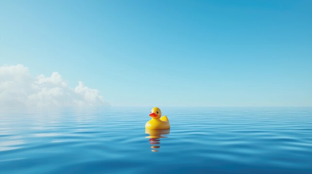 Yellow rubber duck floats serenely on calm blue ocean water under a clear sky with fluffy clouds.