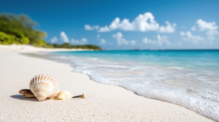 Serene beach scene with seashell on sandy shore
