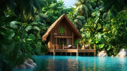 Fototapeta premium Serene tropical cabin surrounded by lush greenery and water