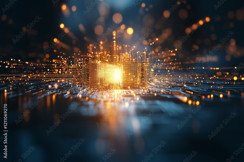 Poster visual representation of digital technology with glowing circuitry and vibrant data flow