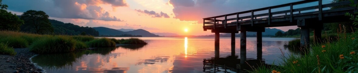 River flowing gently under a wooden pier at dusk, garden, clouds, shadows